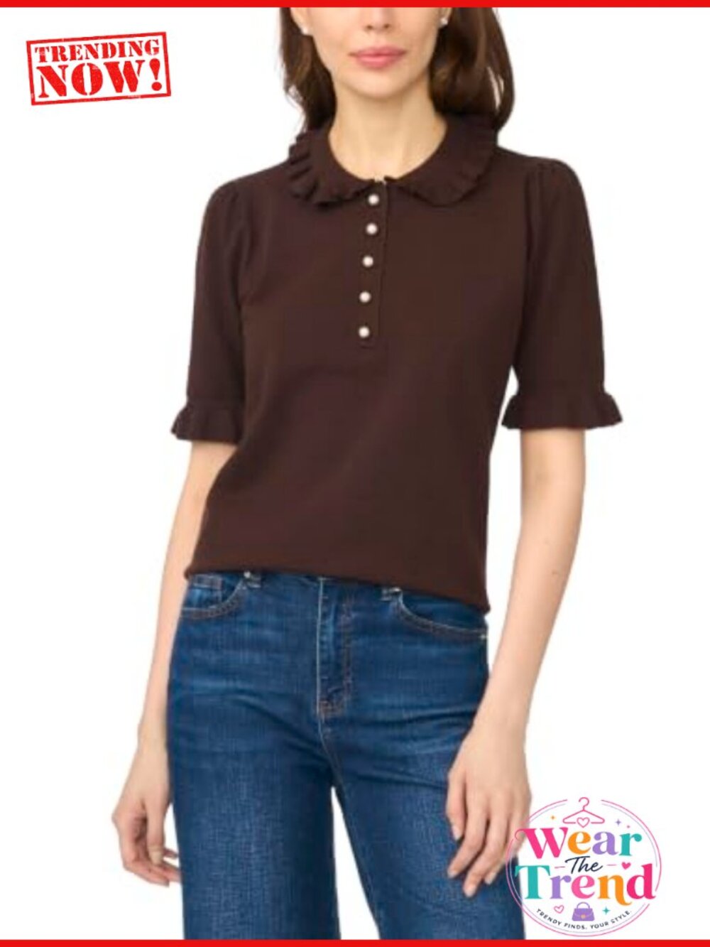 CeCe Women's Short Sleeve Ruffle Collar Polo Sweater Ribbed Knit Pullover